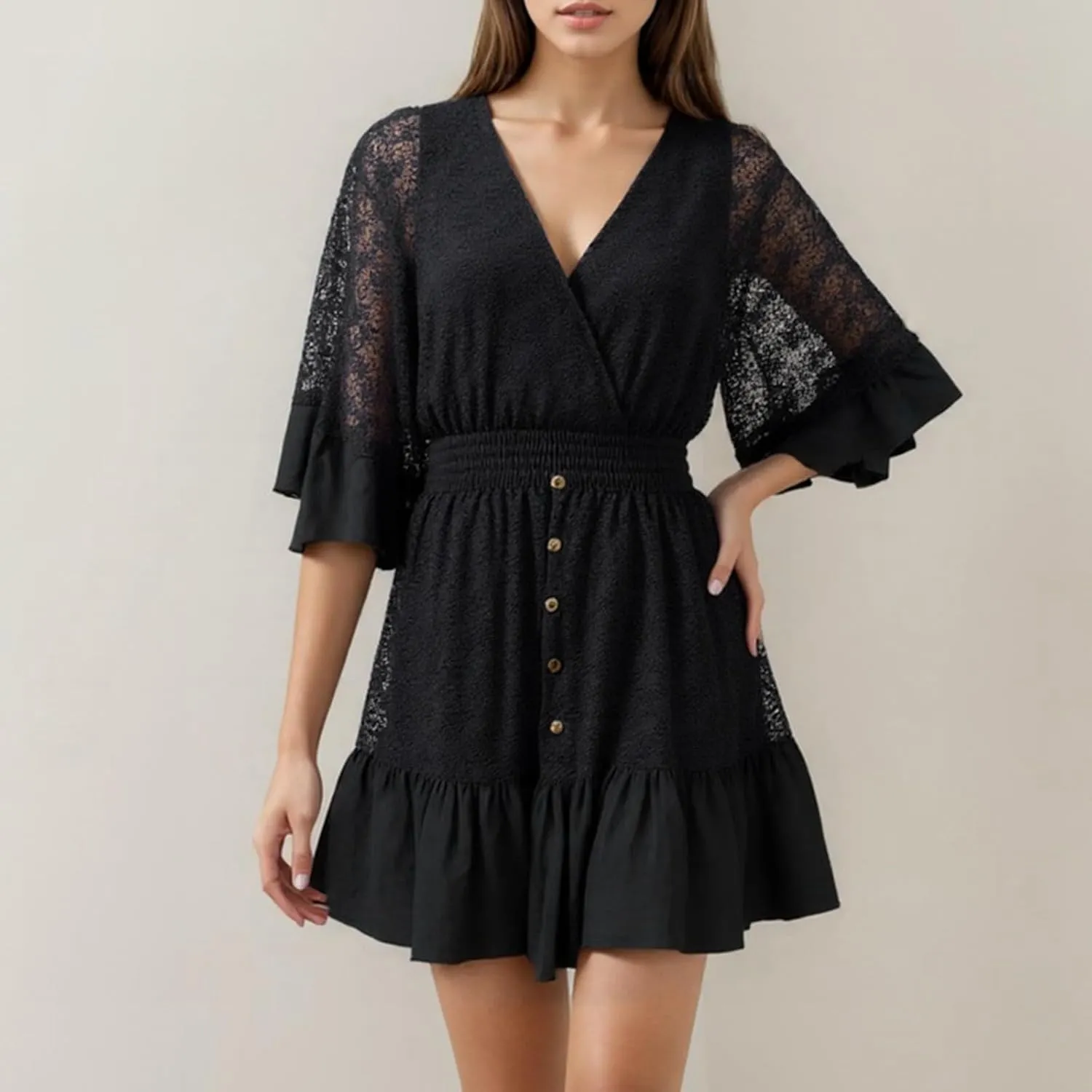 Casual Dresses for Women,2025 Summer V Neck Short Dress Mesh Flutter Sleeve Elastic Waist Mini Dress Boho Sundress
