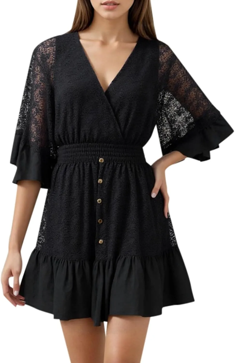 Casual Dresses for Women,2025 Summer V Neck Short Dress Mesh Flutter Sleeve Elastic Waist Mini Dress Boho Sundress