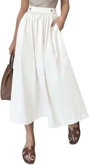 CFLONGE Women's 2025 Bohemian Long Skirts Flowy High Waist A Line Maxi Skirts for Women Summer Pleated Midi Skirt with Pocket