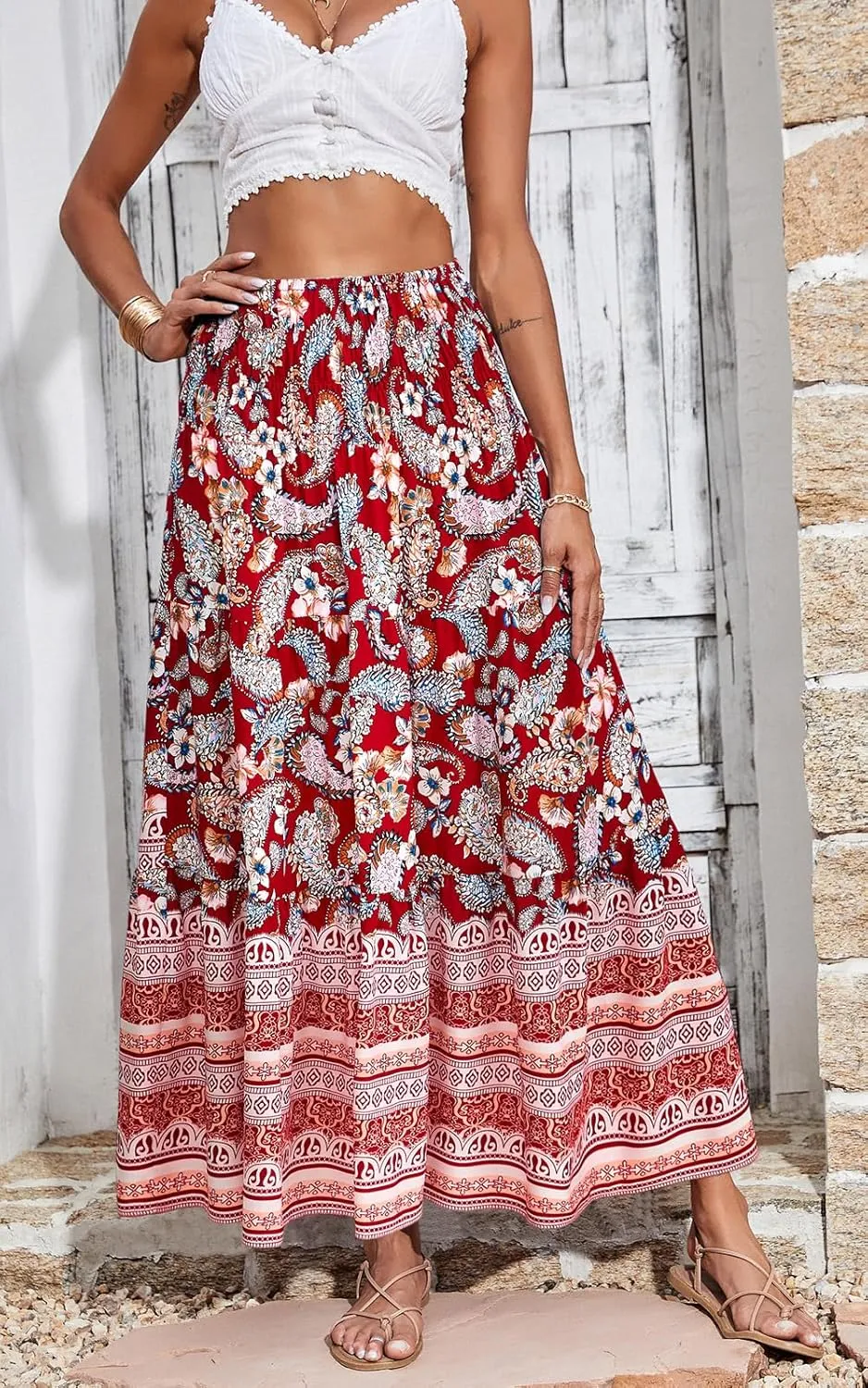 CFLONGE Women's 2025 Bohemian Long Skirts Flowy High Waist A Line Maxi Skirts for Women Summer Pleated Mini Skirts