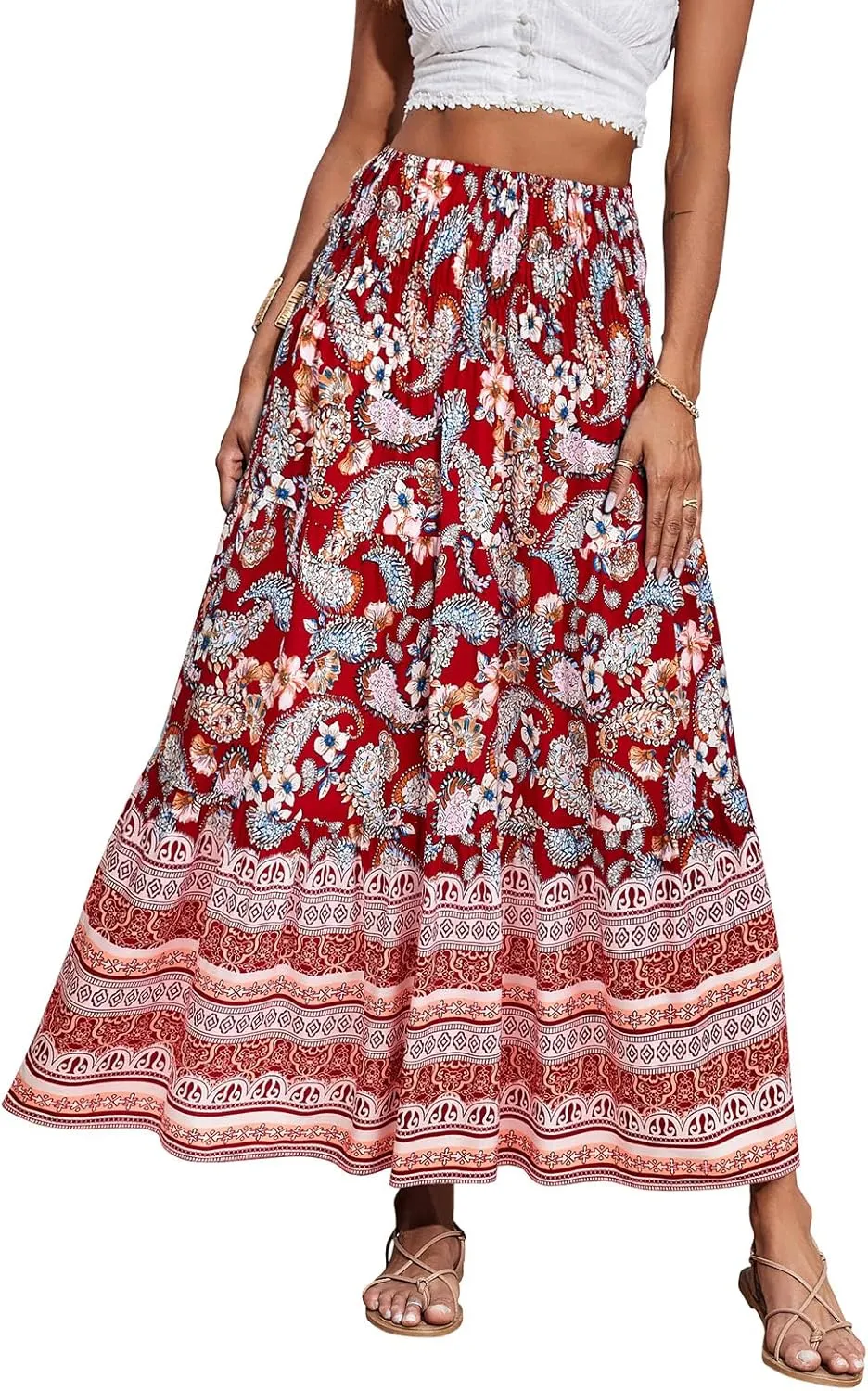 CFLONGE Women's 2025 Bohemian Long Skirts Flowy High Waist A Line Maxi Skirts for Women Summer Pleated Mini Skirts