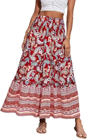 CFLONGE Women's 2025 Bohemian Long Skirts Flowy High Waist A Line Maxi Skirts for Women Summer Pleated Mini Skirts