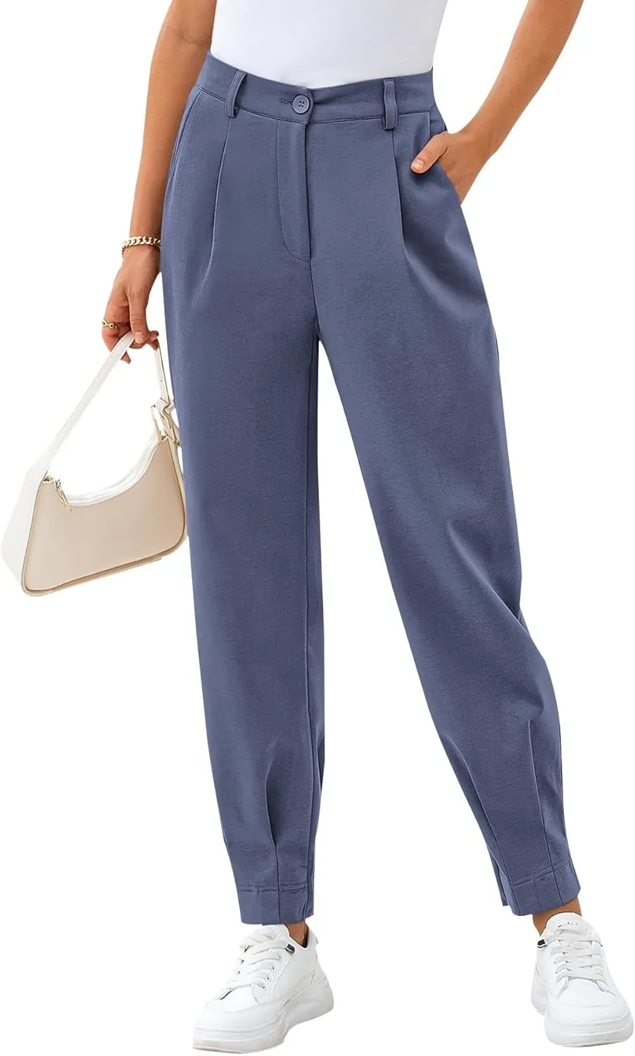 CFLONGE Women's Summer High Waisted Pants for Women 2025 Casual Ankle Length Pant for Work Office Trouser Slacks with Pockets