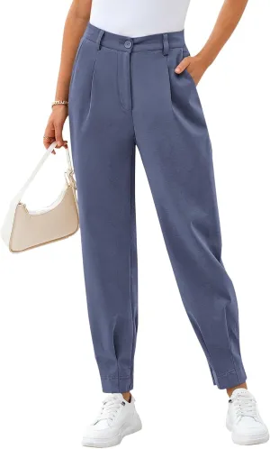 CFLONGE Women's Summer High Waisted Pants for Women 2025 Casual Ankle Length Pant for Work Office Trouser Slacks with Pockets