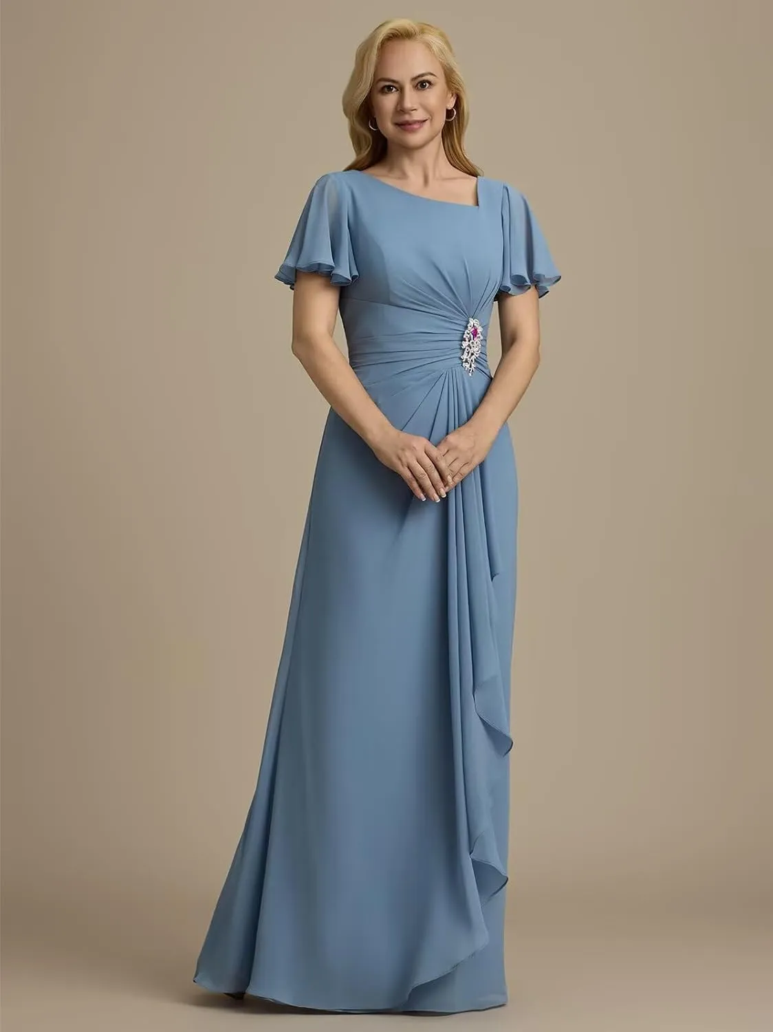 Chiffon Beaded Mother of The Bride Dresses for Wedding Long Ruffle Formal Evening Party Gowns