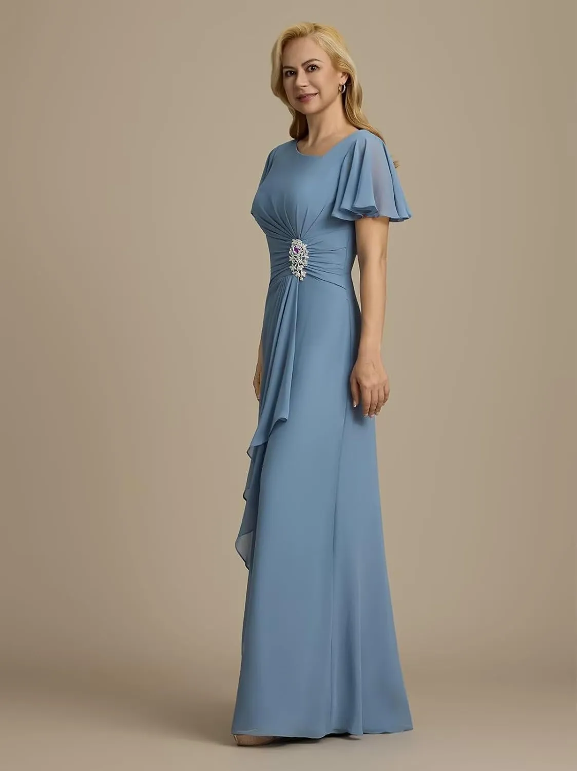 Chiffon Beaded Mother of The Bride Dresses for Wedding Long Ruffle Formal Evening Party Gowns