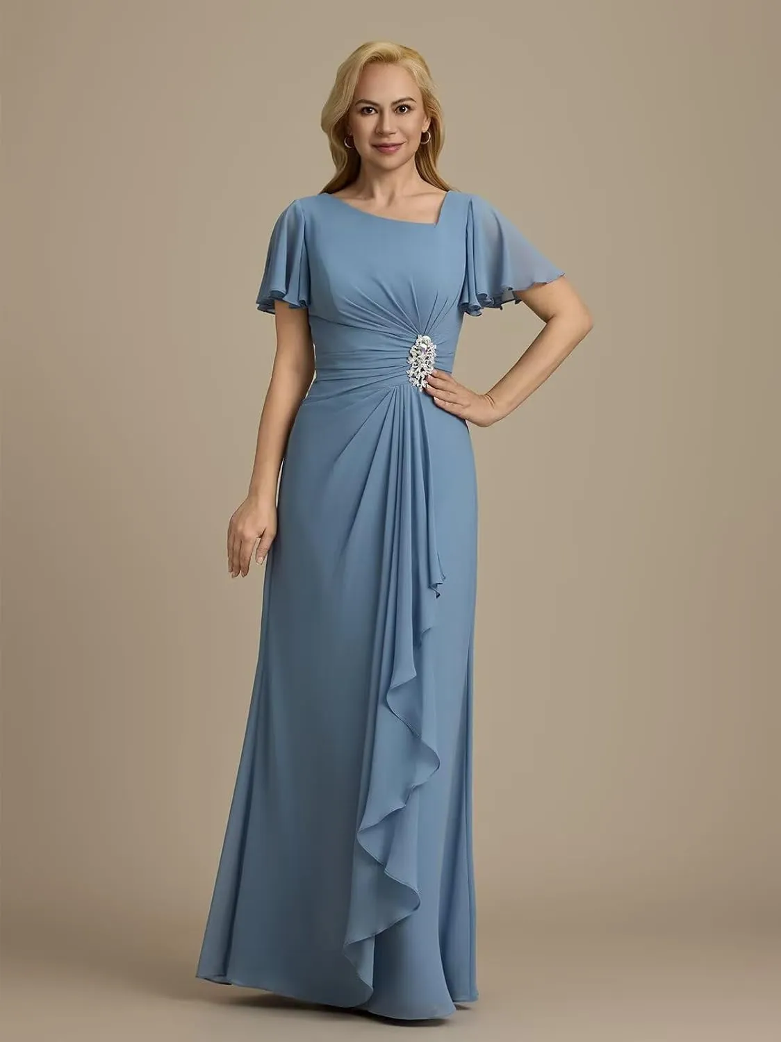 Chiffon Beaded Mother of The Bride Dresses for Wedding Long Ruffle Formal Evening Party Gowns