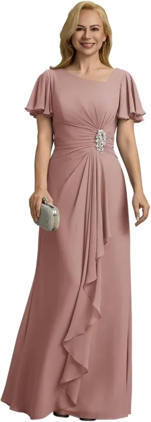 Chiffon Beaded Mother of The Bride Dresses for Wedding Long Ruffle Formal Evening Party Gowns
