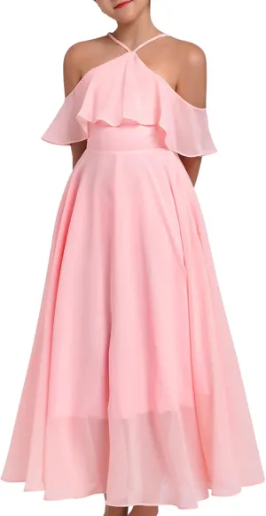 Chiffon Prom Formal Party Princess Bridesmaid Flower Girl's Dress for Kids Halter Backless Holiday Evening Gown