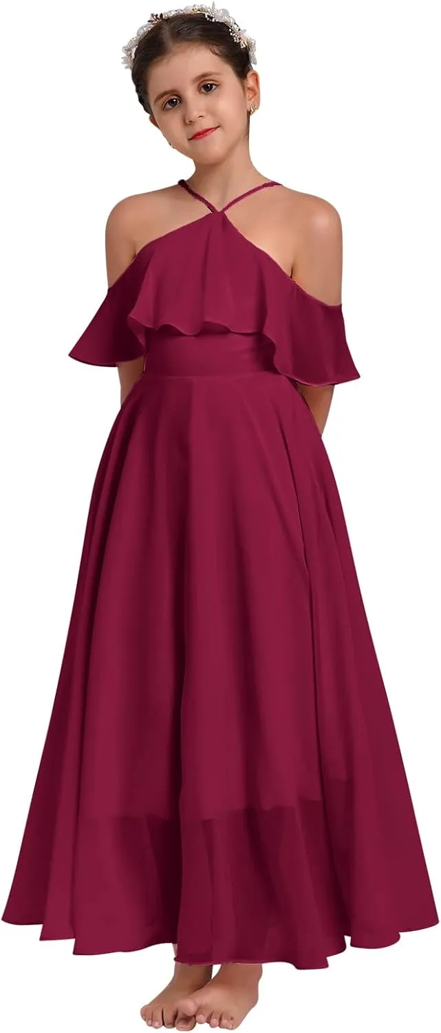 Chiffon Prom Formal Party Princess Bridesmaid Flower Girl's Dress for Kids Halter Backless Holiday Evening Gown