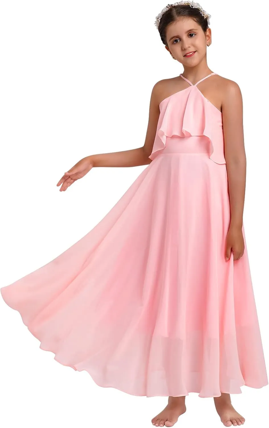 Chiffon Prom Formal Party Princess Bridesmaid Flower Girl's Dress for Kids Halter Backless Holiday Evening Gown