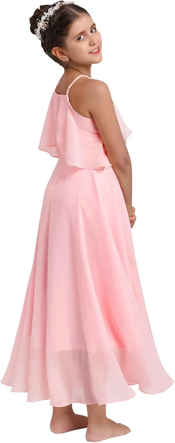 Chiffon Prom Formal Party Princess Bridesmaid Flower Girl's Dress for Kids Halter Backless Holiday Evening Gown