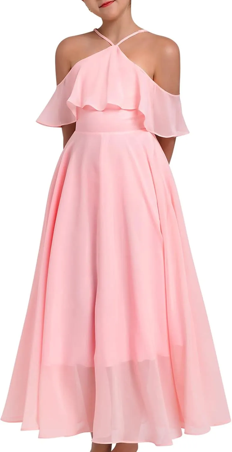 Chiffon Prom Formal Party Princess Bridesmaid Flower Girl's Dress for Kids Halter Backless Holiday Evening Gown