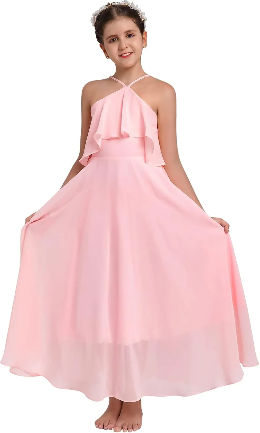 Chiffon Prom Formal Party Princess Bridesmaid Flower Girl's Dress for Kids Halter Backless Holiday Evening Gown