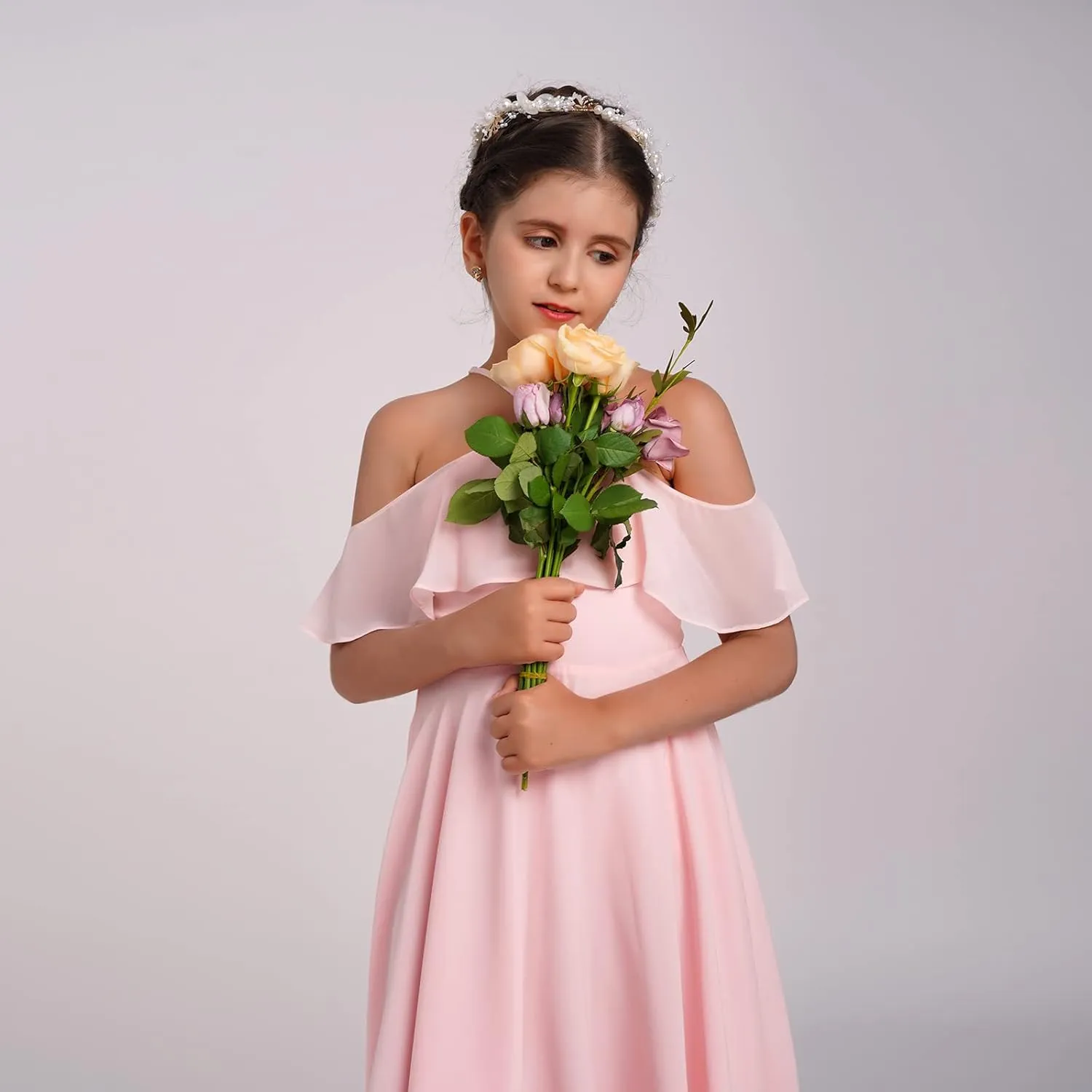Chiffon Prom Formal Party Princess Bridesmaid Flower Girl's Dress for Kids Halter Backless Holiday Evening Gown