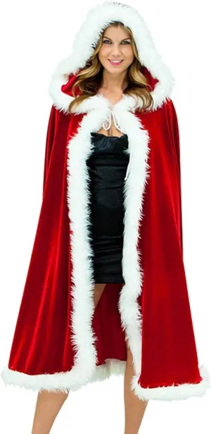 Christmas Halloween Costumes Cloak Mrs. Claus Santa Xmas Velvet Hooded Cape Robe Cute Faux Fur Shawl Wrap with Hood