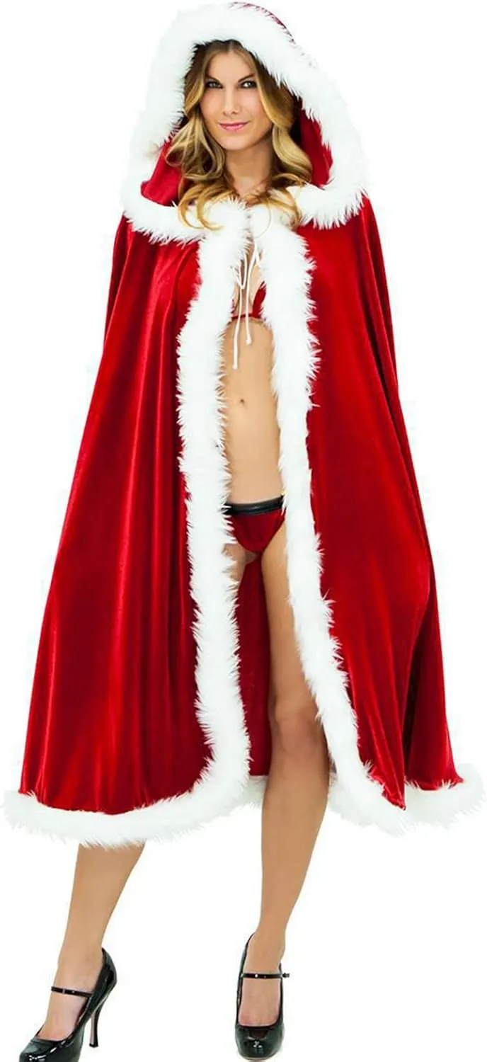 Christmas Halloween Costumes Cloak Mrs. Claus Santa Xmas Velvet Hooded Cape Robe Cute Faux Fur Shawl Wrap with Hood