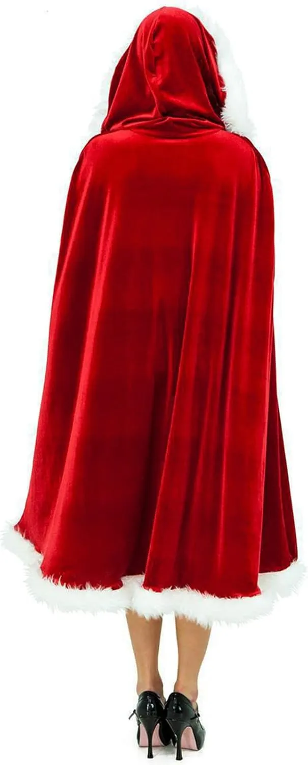 Christmas Halloween Costumes Cloak Mrs. Claus Santa Xmas Velvet Hooded Cape Robe Cute Faux Fur Shawl Wrap with Hood