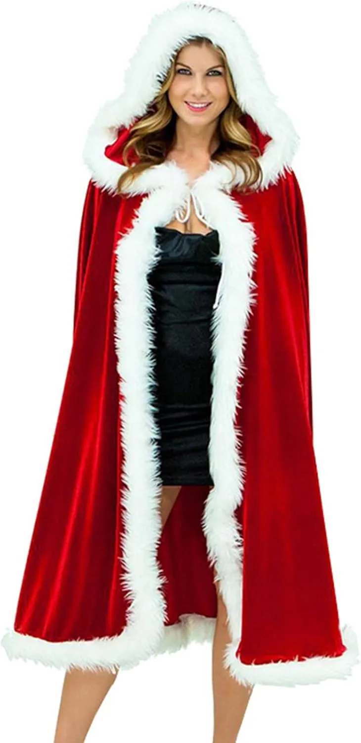 Christmas Halloween Costumes Cloak Mrs. Claus Santa Xmas Velvet Hooded Cape Robe Cute Faux Fur Shawl Wrap with Hood