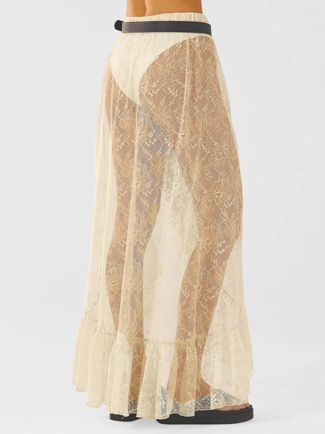 Cicy Bell Womens Lace Maxi Skirt Summer High Low Asymmetrical Sheer Y2K Sexy Beach Cover-up Long Skirts