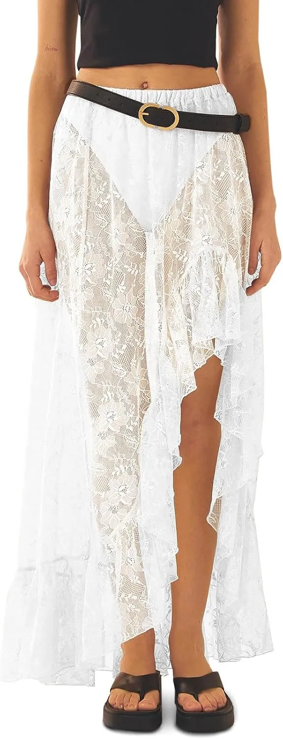 Cicy Bell Womens Lace Maxi Skirt Summer High Low Asymmetrical Sheer Y2K Sexy Beach Cover-up Long Skirts