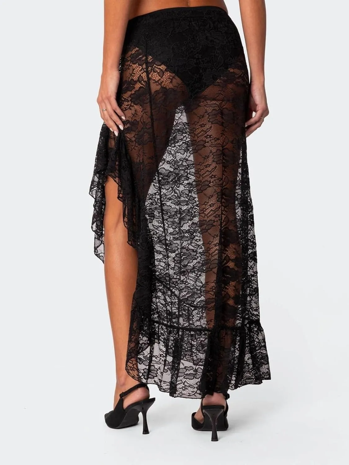 Cicy Bell Womens Lace Maxi Skirt Summer High Low Asymmetrical Sheer Y2K Sexy Beach Cover-up Long Skirts
