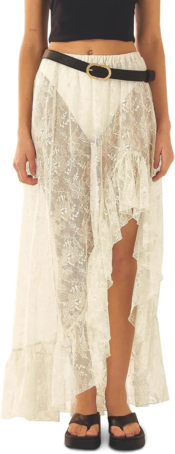 Cicy Bell Womens Lace Maxi Skirt Summer High Low Asymmetrical Sheer Y2K Sexy Beach Cover-up Long Skirts