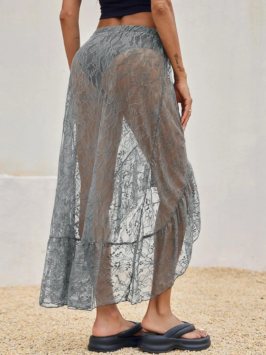 Cicy Bell Womens Lace Maxi Skirt Summer High Low Asymmetrical Sheer Y2K Sexy Beach Cover-up Long Skirts