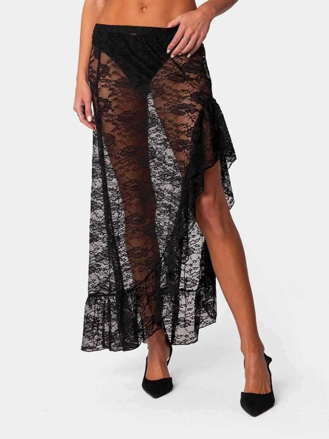 Cicy Bell Womens Lace Maxi Skirt Summer High Low Asymmetrical Sheer Y2K Sexy Beach Cover-up Long Skirts