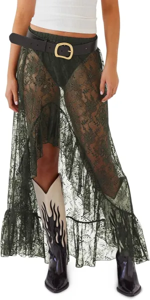 Cicy Bell Womens Lace Maxi Skirt Summer High Low Asymmetrical Sheer Y2K Sexy Beach Cover-up Long Skirts