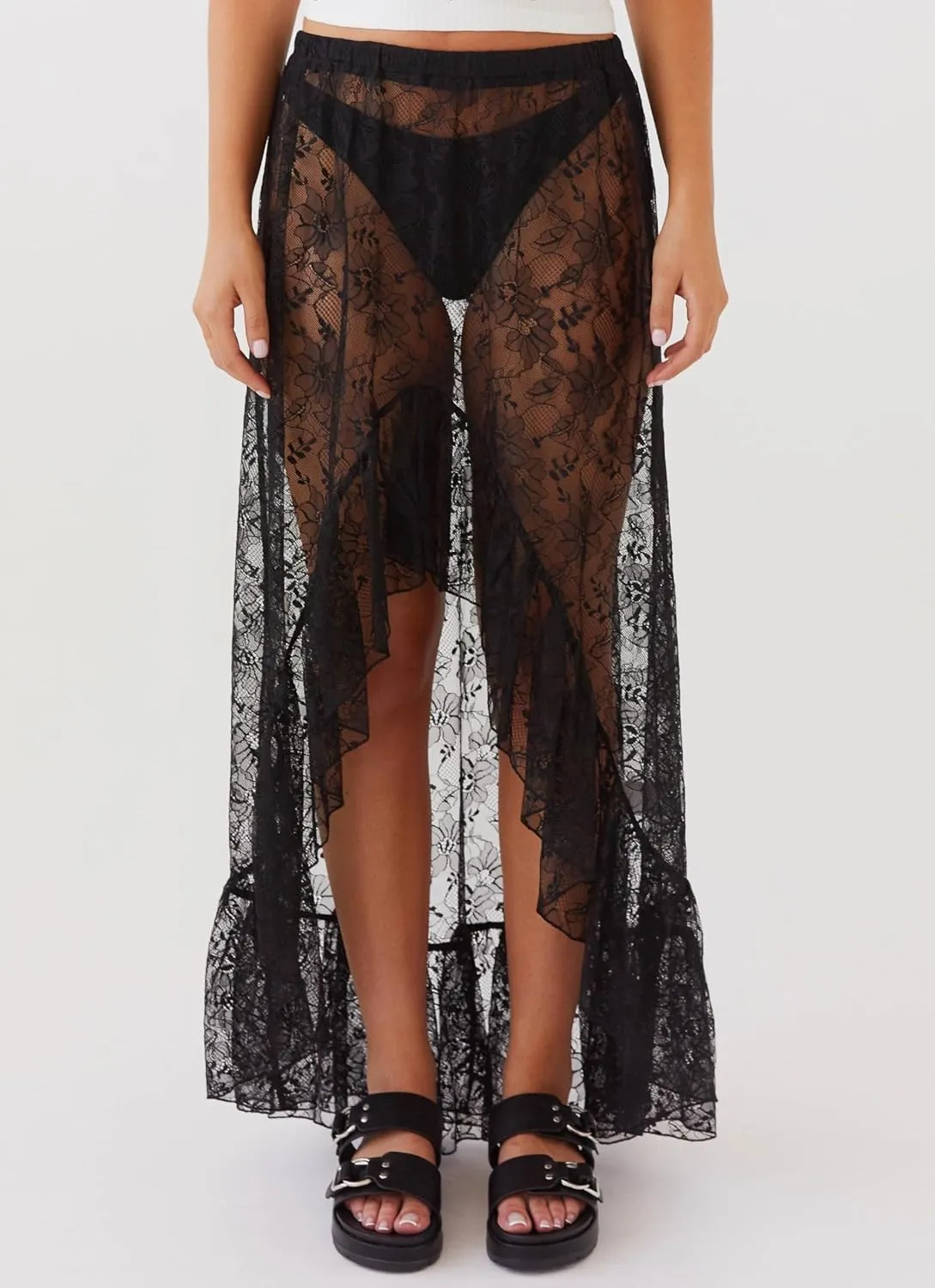 Cicy Bell Womens Lace Maxi Skirt Summer High Low Asymmetrical Sheer Y2K Sexy Beach Cover-up Long Skirts