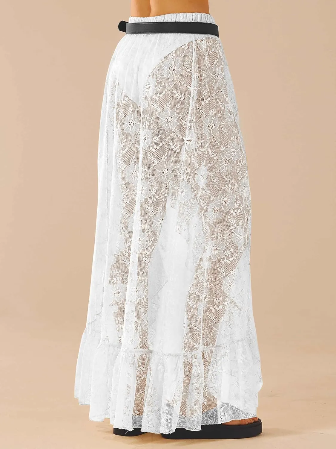 Cicy Bell Womens Lace Maxi Skirt Summer High Low Asymmetrical Sheer Y2K Sexy Beach Cover-up Long Skirts
