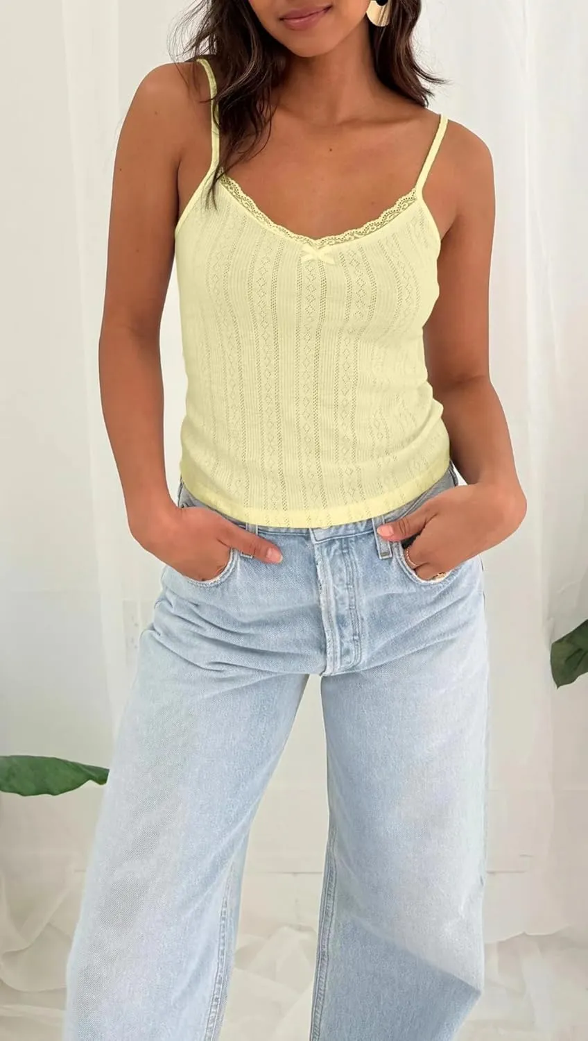 Cioatin Women Sleeveless Y2K Lace Patchwork Pointelle Crop Cami Tank Cute Spaghetti Strap V Neck Slim Summer Going Out Tops