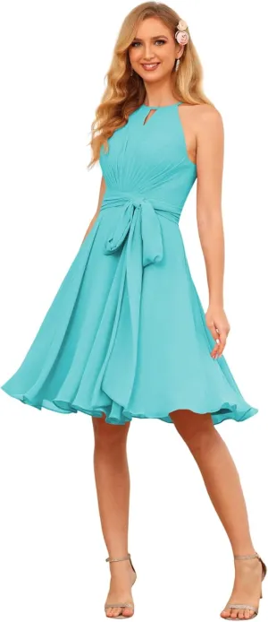 Clothfun Women's Halter Pleated Bridesmaid Dresses Short A Line Chiffon Formal Party Dress with Pockets CY231