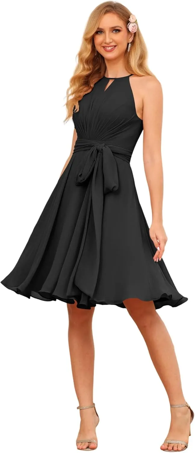 Clothfun Women's Halter Pleated Bridesmaid Dresses Short A Line Chiffon Formal Party Dress with Pockets CY231