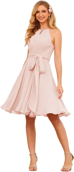 Clothfun Women's Halter Pleated Bridesmaid Dresses Short A Line Chiffon Formal Party Dress with Pockets CY231