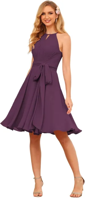 Clothfun Women's Halter Pleated Bridesmaid Dresses Short A Line Chiffon Formal Party Dress with Pockets CY231