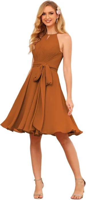 Clothfun Women's Halter Pleated Bridesmaid Dresses Short A Line Chiffon Formal Party Dress with Pockets CY231