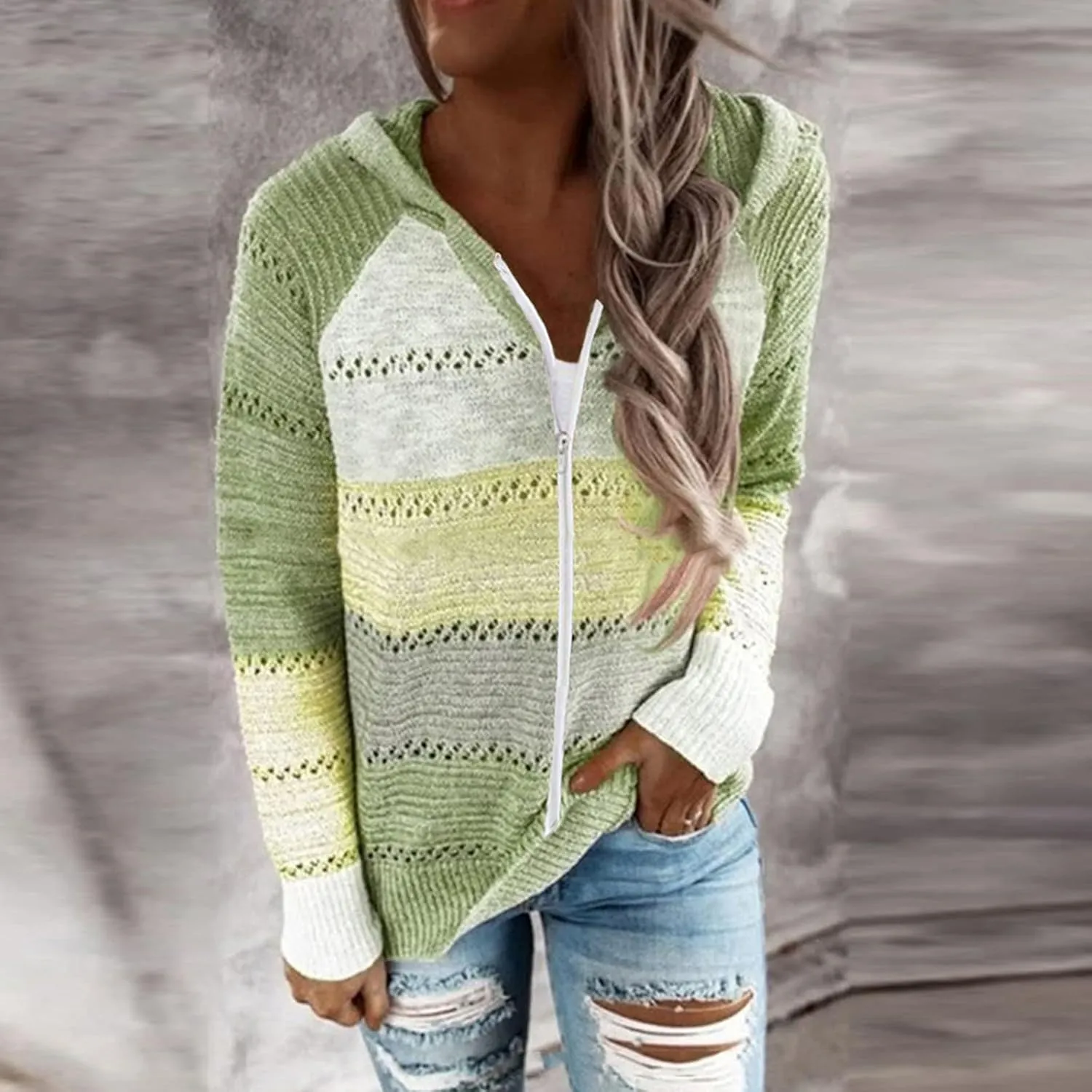 Color Block Hoodie Women V Neck Hooded Sweater Hollow Out Knitted Sweatshirts Y2K Long Sleeve Fall Sweatshirt