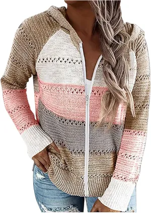 Color Block Hoodie Women V Neck Hooded Sweater Hollow Out Knitted Sweatshirts Y2K Long Sleeve Fall Sweatshirt