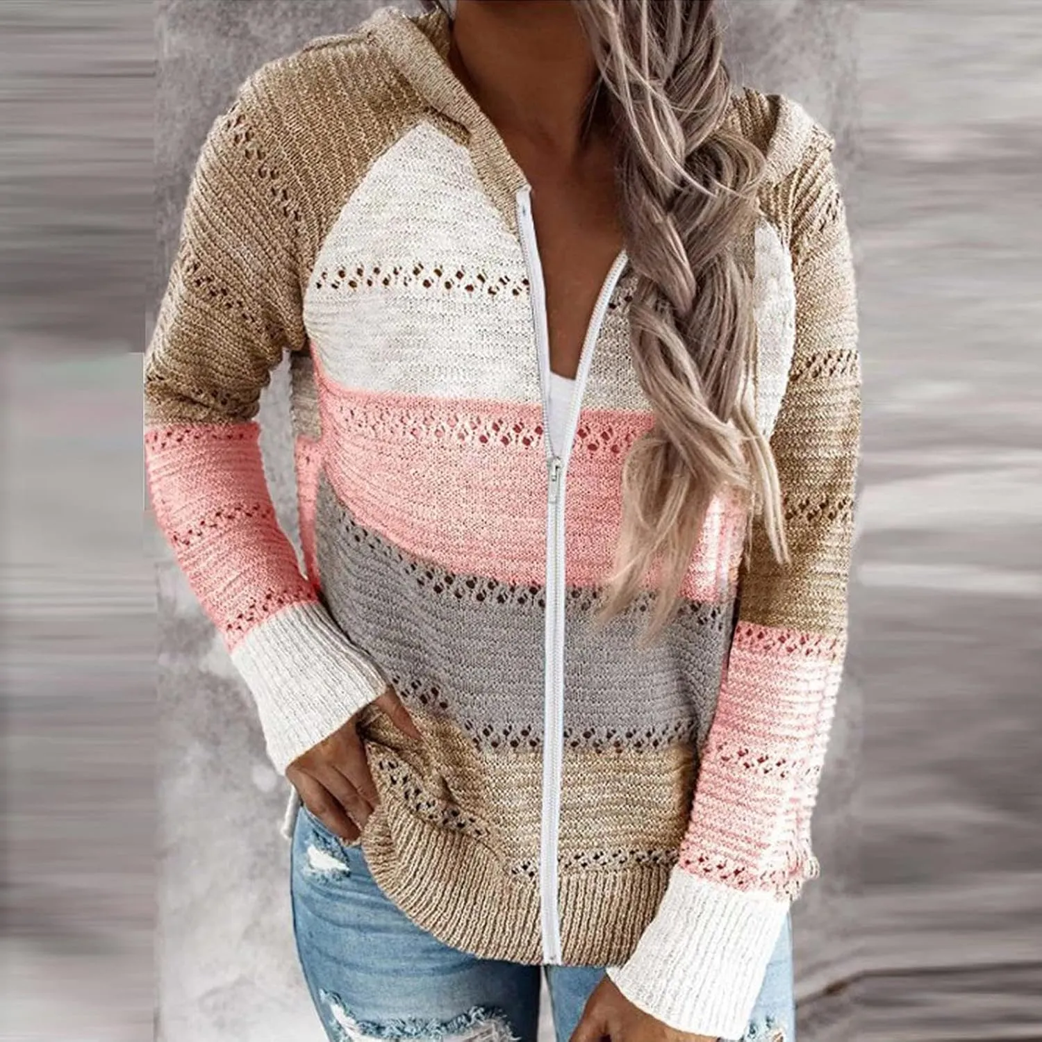 Color Block Hoodie Women V Neck Hooded Sweater Hollow Out Knitted Sweatshirts Y2K Long Sleeve Fall Sweatshirt