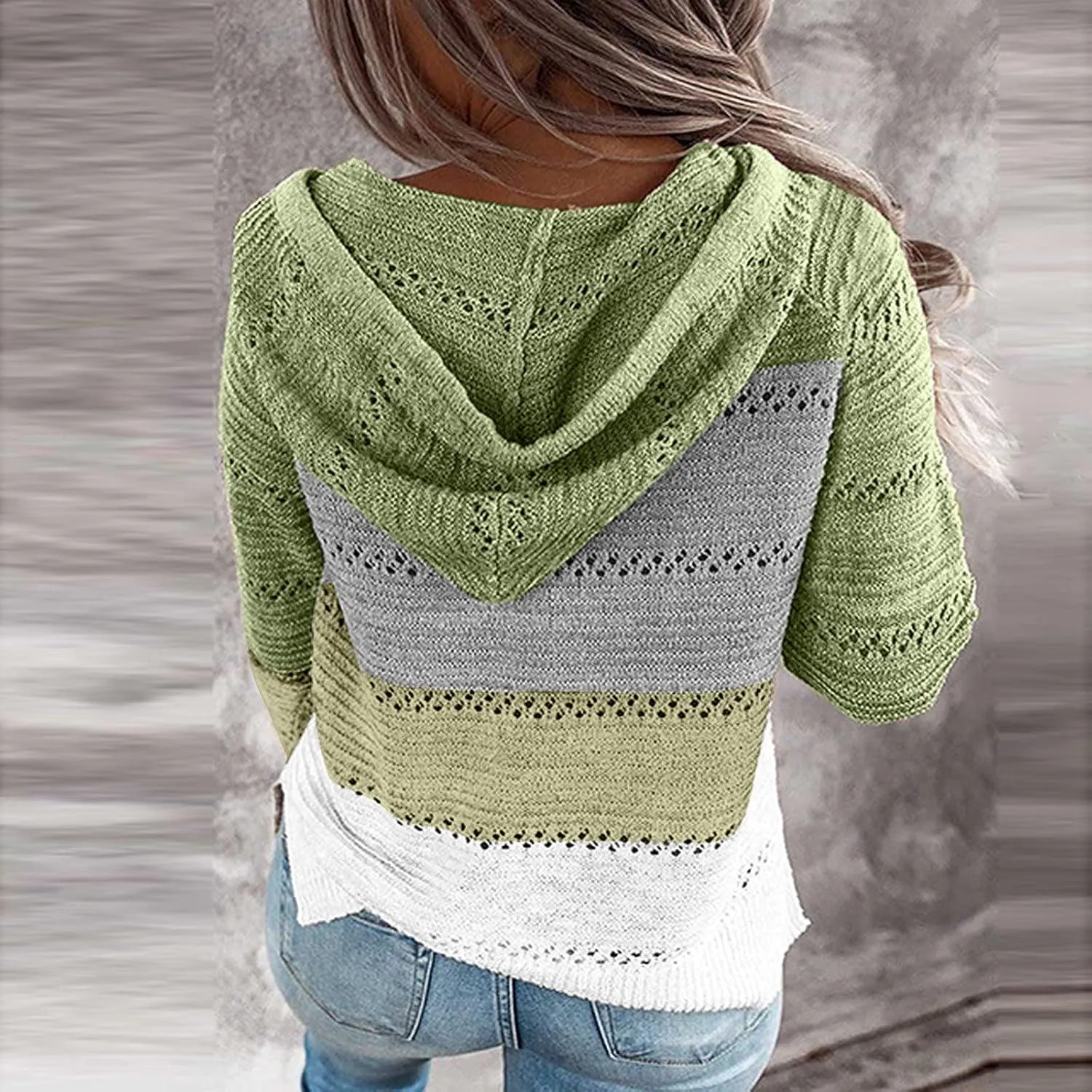 Color Block Hoodie Women V Neck Hooded Sweater Hollow Out Knitted Sweatshirts Y2K Long Sleeve Fall Sweatshirt