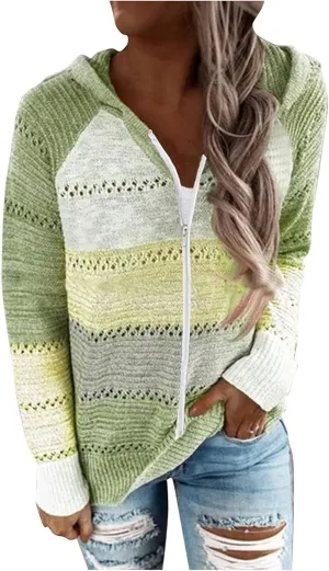 Color Block Hoodie Women V Neck Hooded Sweater Hollow Out Knitted Sweatshirts Y2K Long Sleeve Fall Sweatshirt