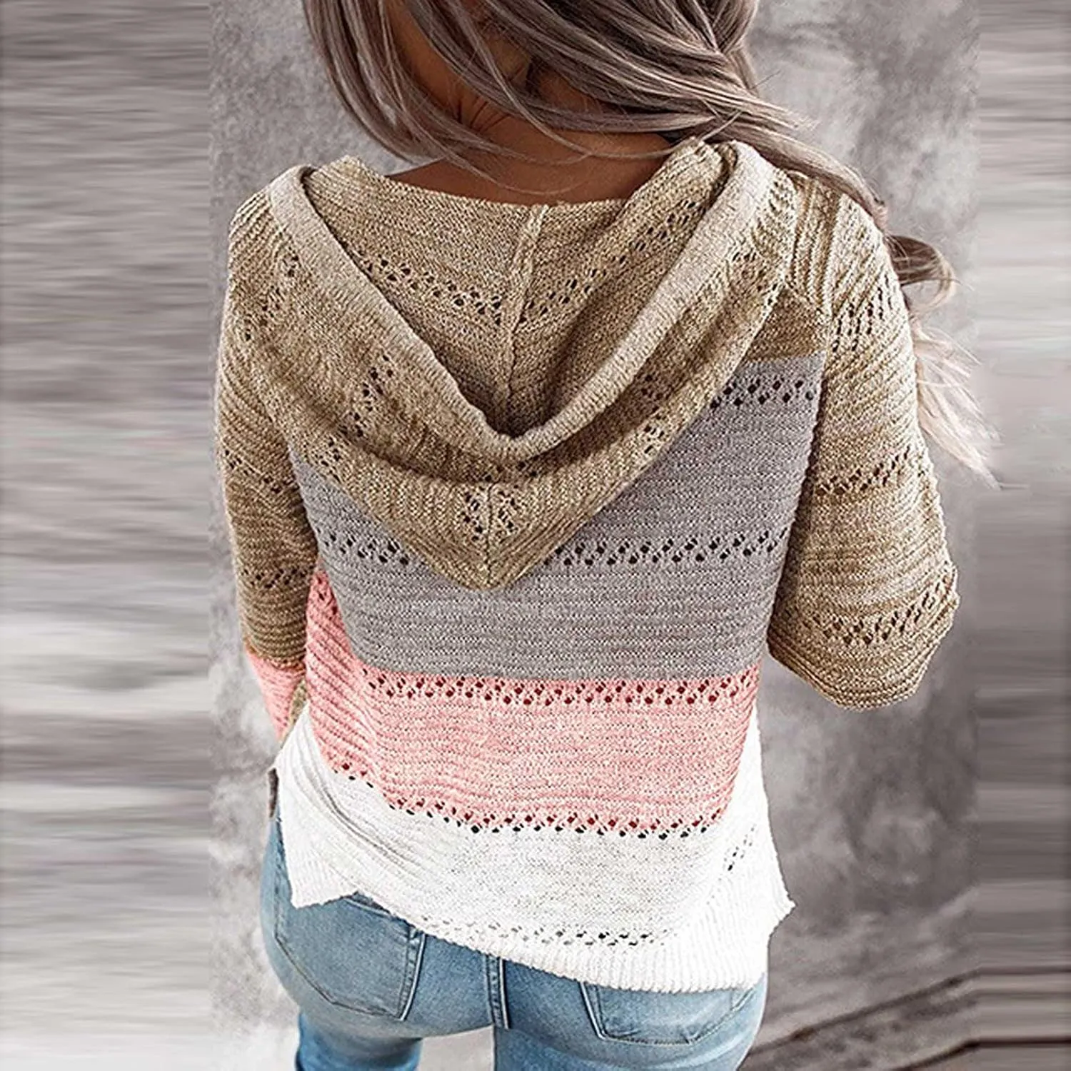Color Block Hoodie Women V Neck Hooded Sweater Hollow Out Knitted Sweatshirts Y2K Long Sleeve Fall Sweatshirt