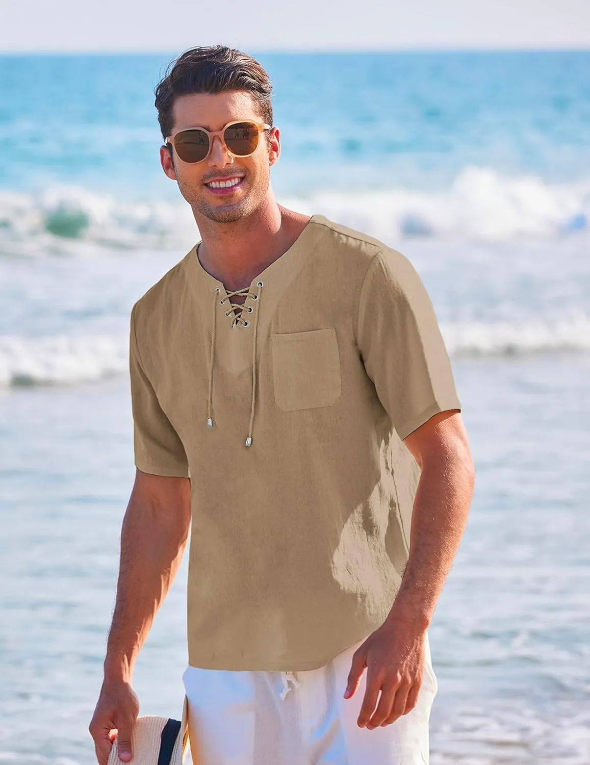 COOFANDY Men Casual Cotton Linen T Shirt Short Sleeve Beach Lace Up Hippie Shirt Yoga Renaissance Tunic