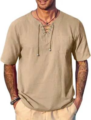 COOFANDY Men Casual Cotton Linen T Shirt Short Sleeve Beach Lace Up Hippie Shirt Yoga Renaissance Tunic