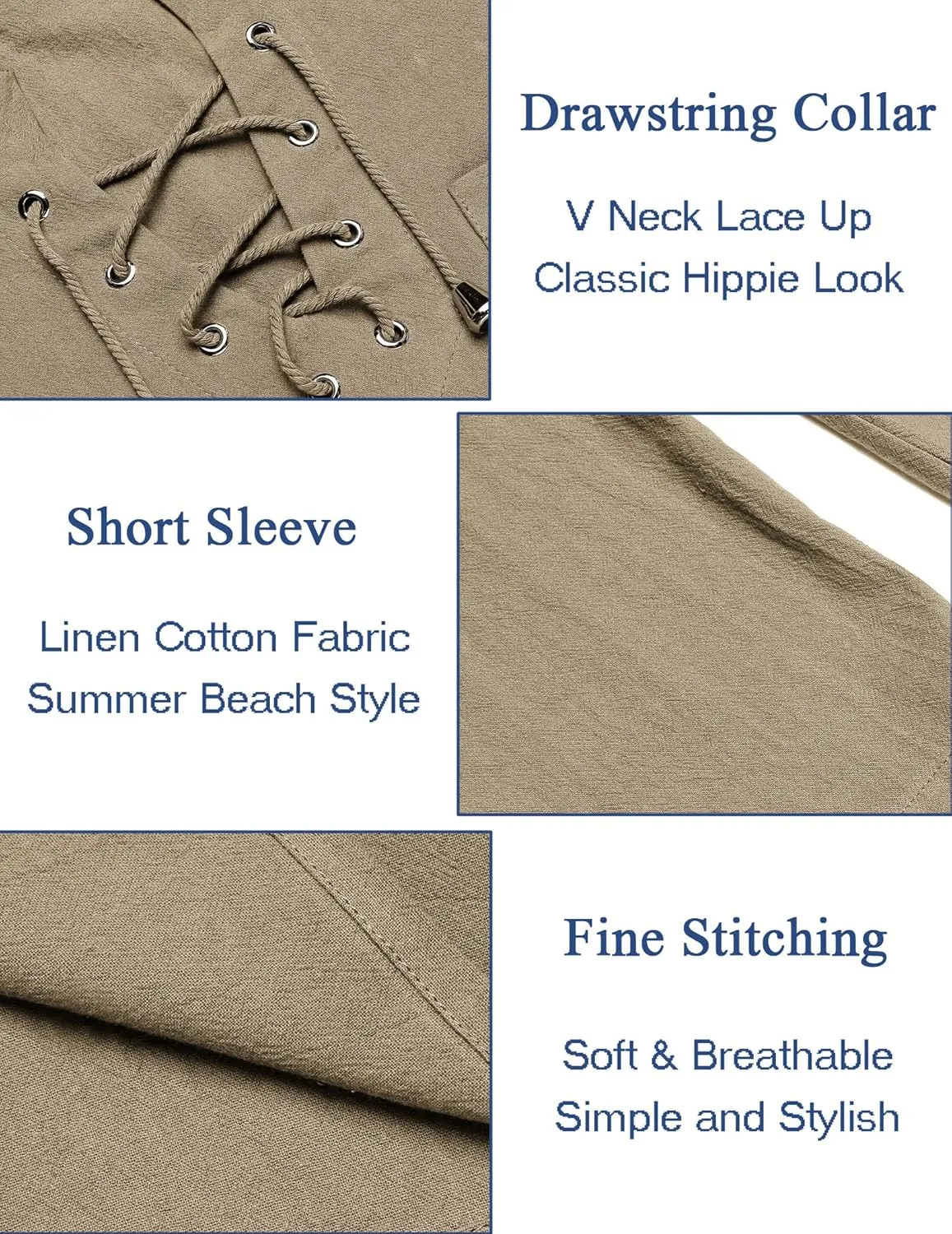 COOFANDY Men Casual Cotton Linen T Shirt Short Sleeve Beach Lace Up Hippie Shirt Yoga Renaissance Tunic