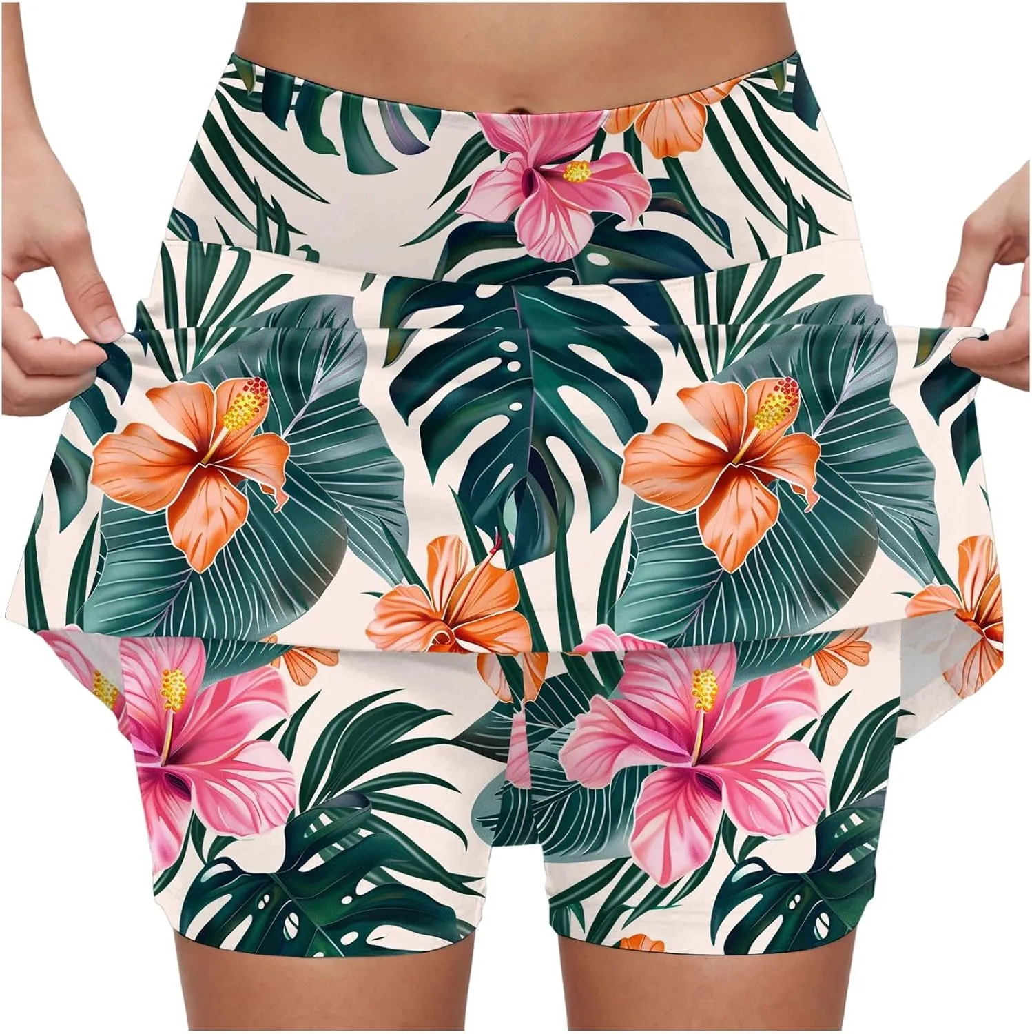 cooki Women's Athletic Skorts Lightweight Golf Skirts Inner Shorts Summer High Waisted Stretchy Floral Print Tennis Skort