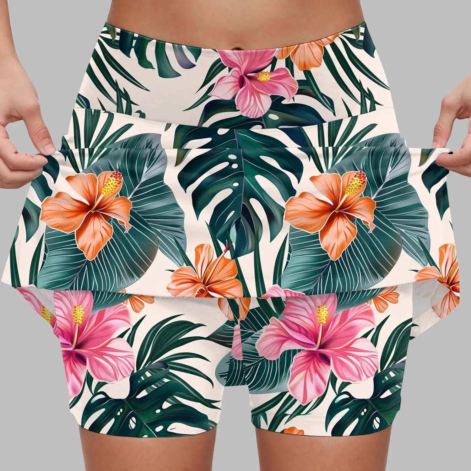 cooki Women's Athletic Skorts Lightweight Golf Skirts Inner Shorts Summer High Waisted Stretchy Floral Print Tennis Skort