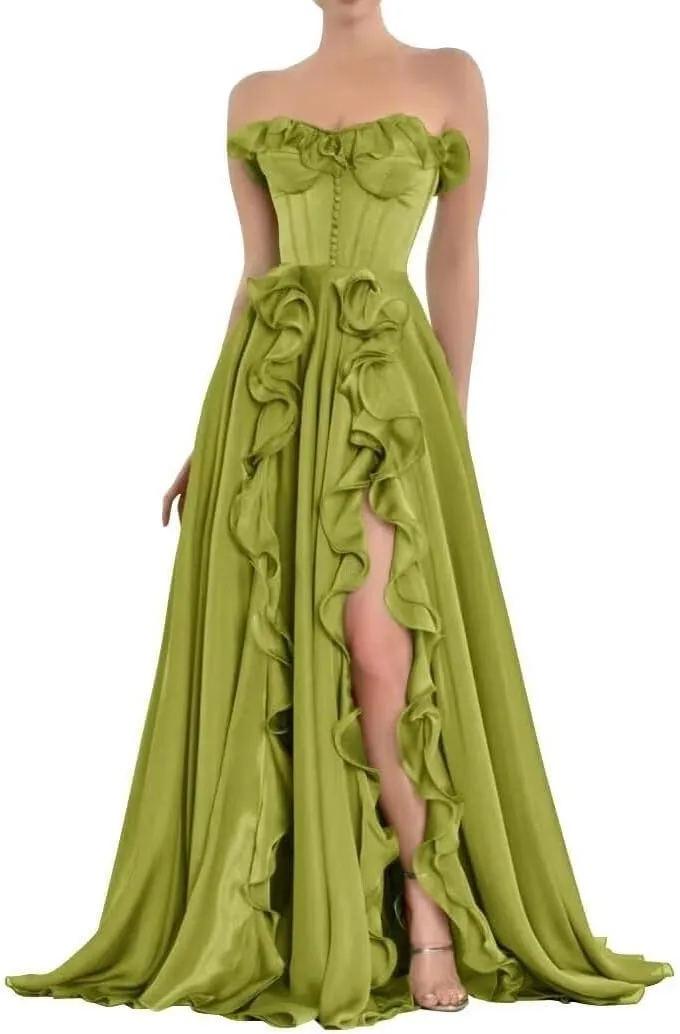 Corset A Line Chiffon Prom Dress for Women Strapless Tiered Ruffle Formal Evening Gowns with Slit HK02